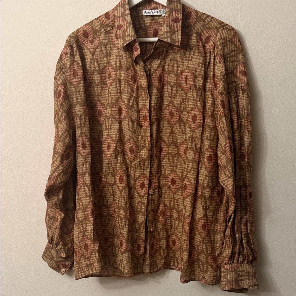 Anne Klein Brown and Rust Patterned Button-Up Blouse